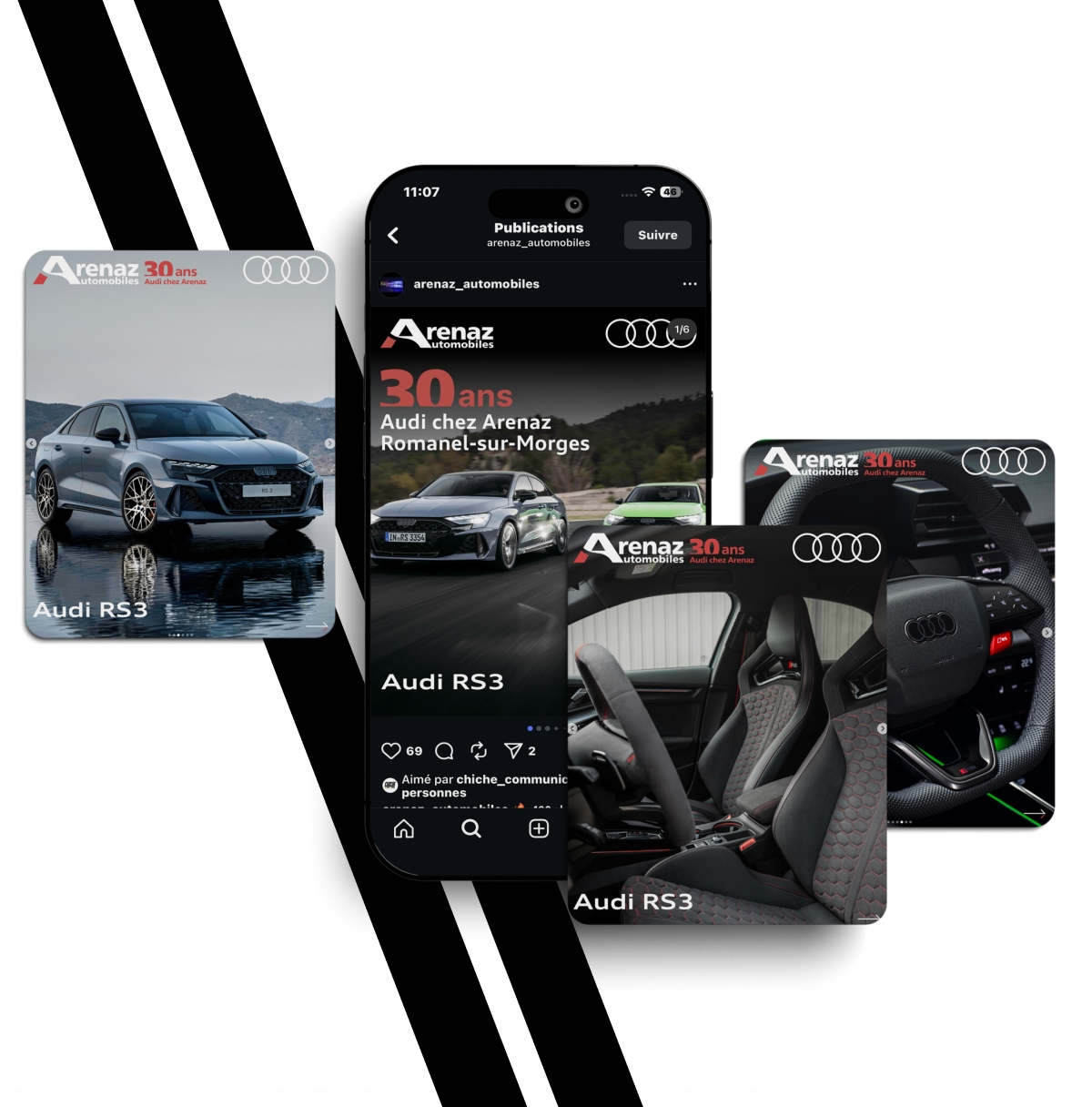Publications Instagram célébrant les 30 ans d'Arenaz avec la présentation de l'Audi RS3 - Chiche communication