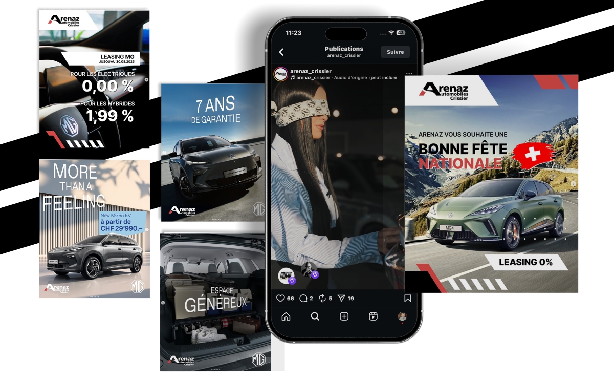 Posts Instagram Arenaz Automobiles promouvant les véhicules MG et des offres de leasing - Chiche communication