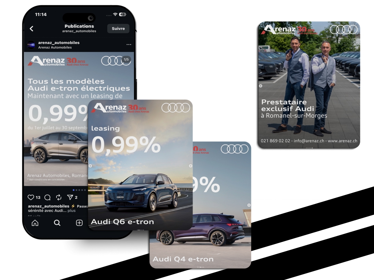 Posts Instagram d'offres de leasing sur les modèles Audi e-tron chez Arenaz Automobiles - Chiche communication