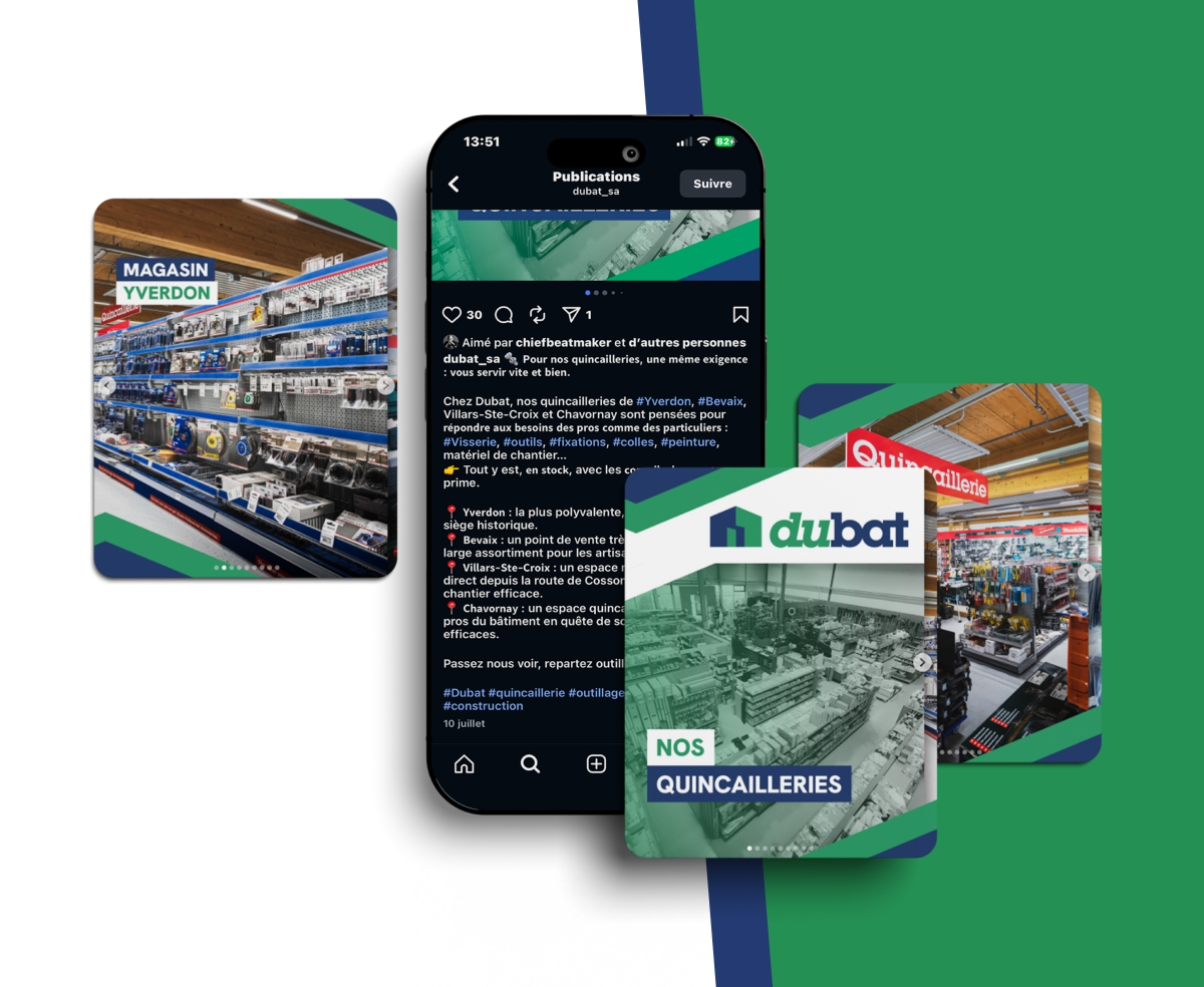 Mise en avant des réseaux sociaux de Dubat avec visuels de magasins et smartphone - Chiche communication