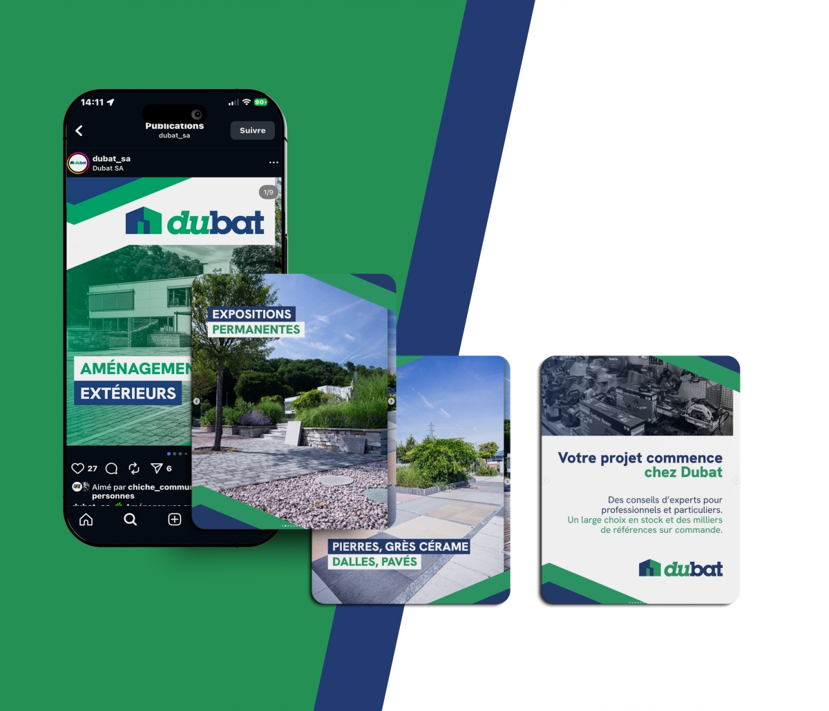 Publications mobiles Instagram Dubat présentant les magasins et quincailleries - Chiche communication