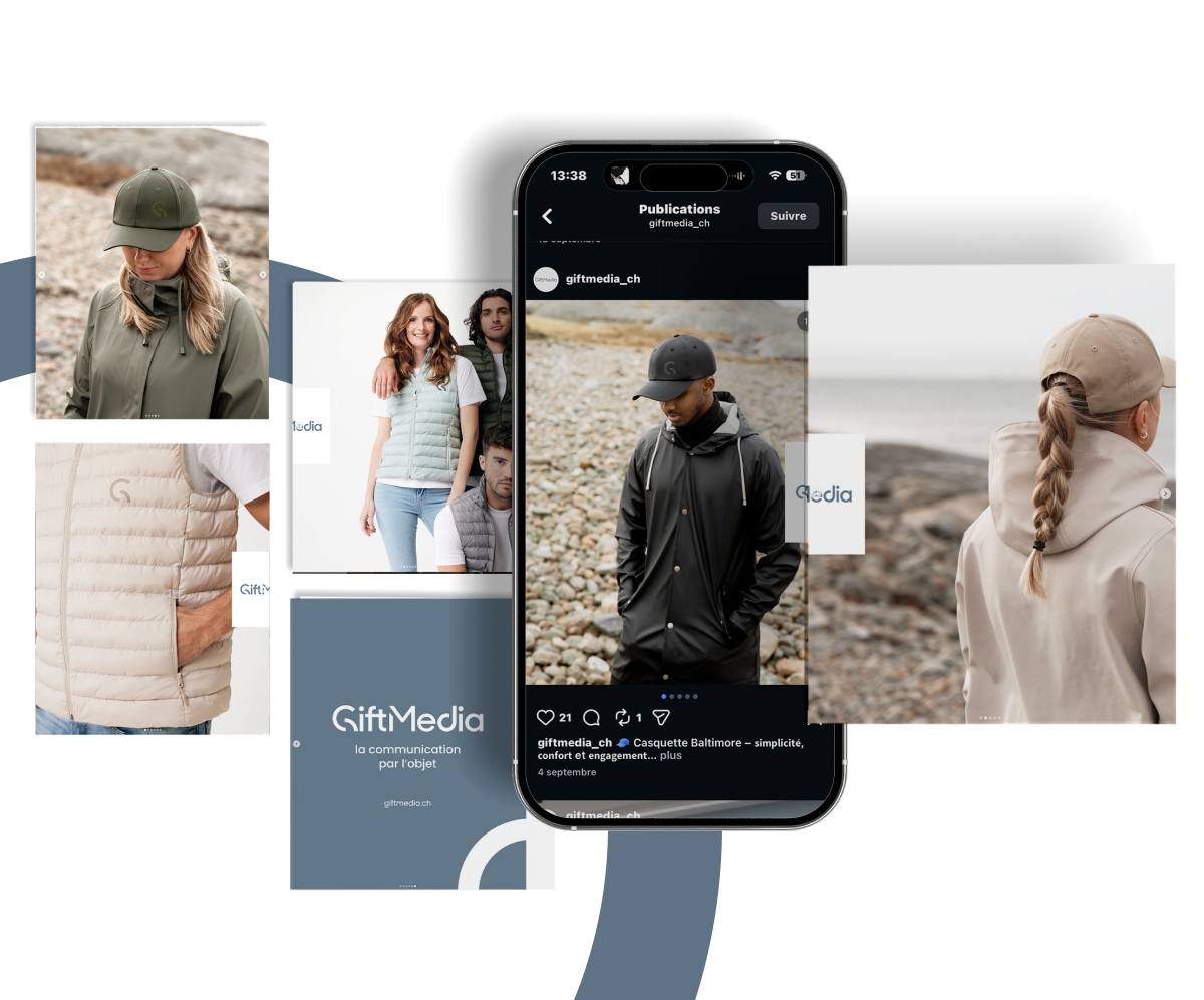 Grille de photos mode et lifestyle extérieur entourant un smartphone affichant un post Instagram - Chiche communication