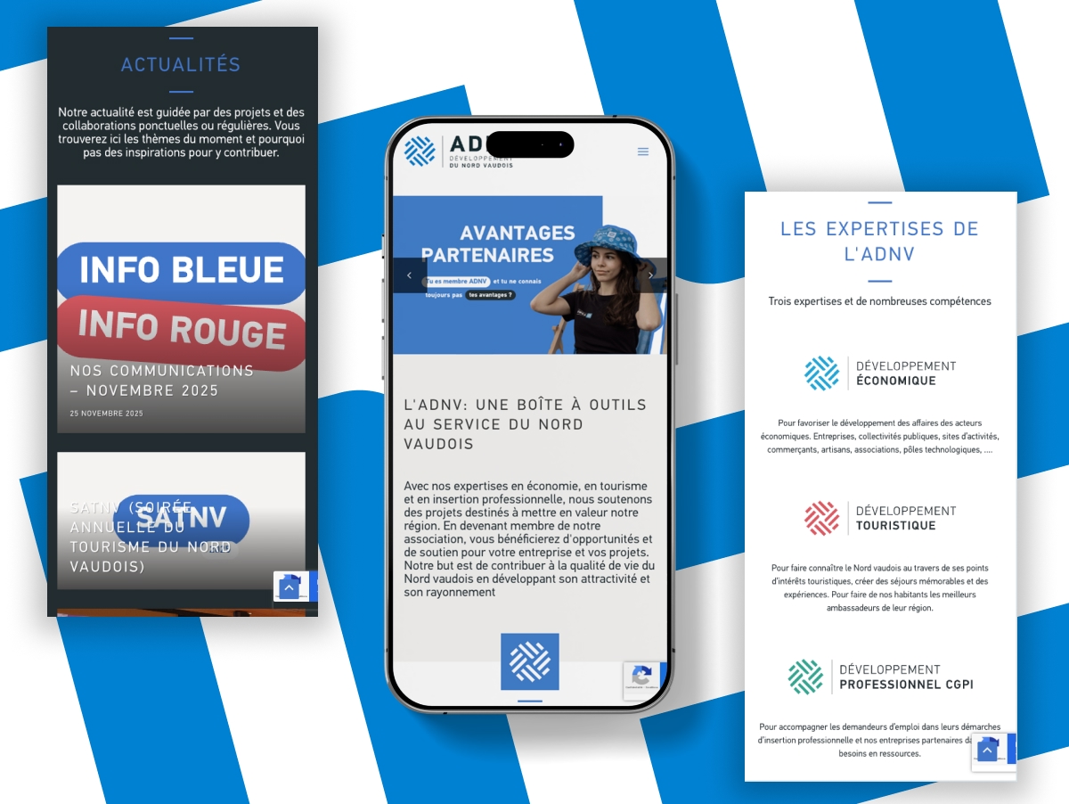 Trois smartphones affichant des maquettes mobiles de l'application ADNV - Chiche communication