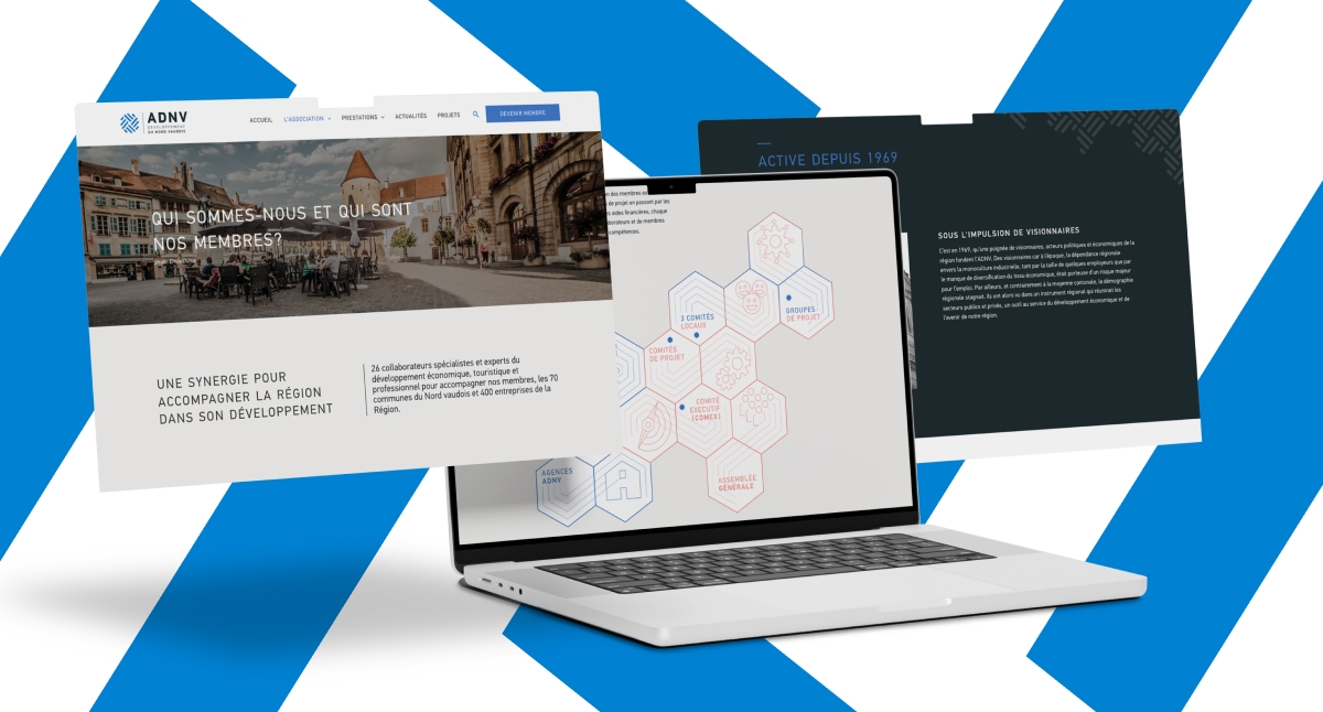 Ordinateur portable et fenêtres de navigateur flottantes affichant le site web ADNV - Chiche communication