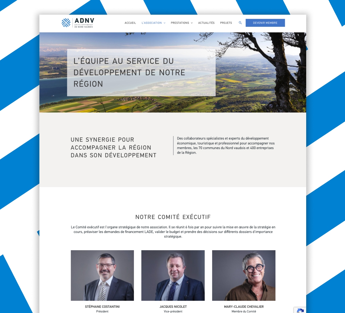 Maquette de la page d'accueil du site web ADNV avec paysage et portraits de l'équipe - Chiche communication