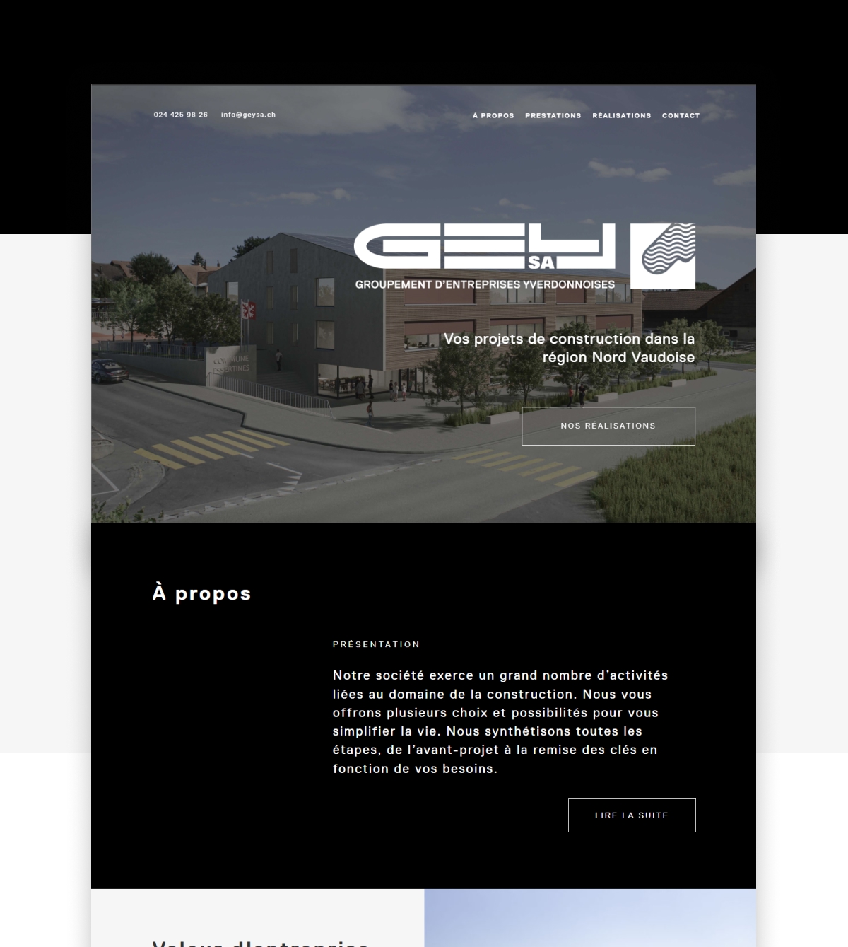 Maquette de la page d'accueil du site GEY SA avec section à propos et photo de bâtiment - Chiche communication