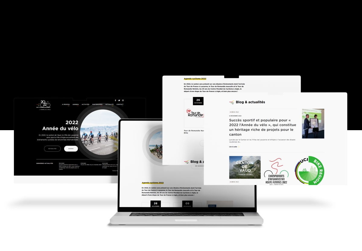 Ordinateur portable avec maquettes flottantes d'un site web - Chiche communication