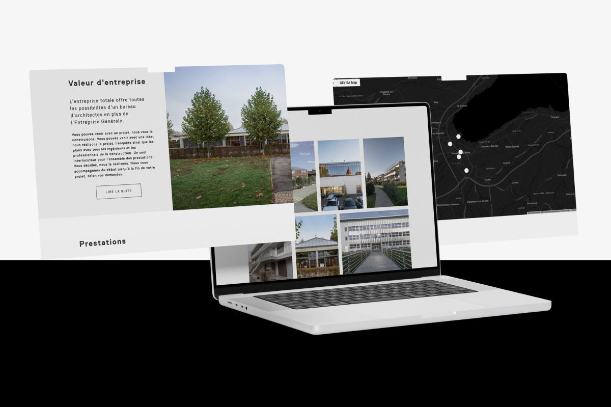Maquette responsive du site GEY SA sur ordinateur avec plusieurs vues de pages - Chiche communication