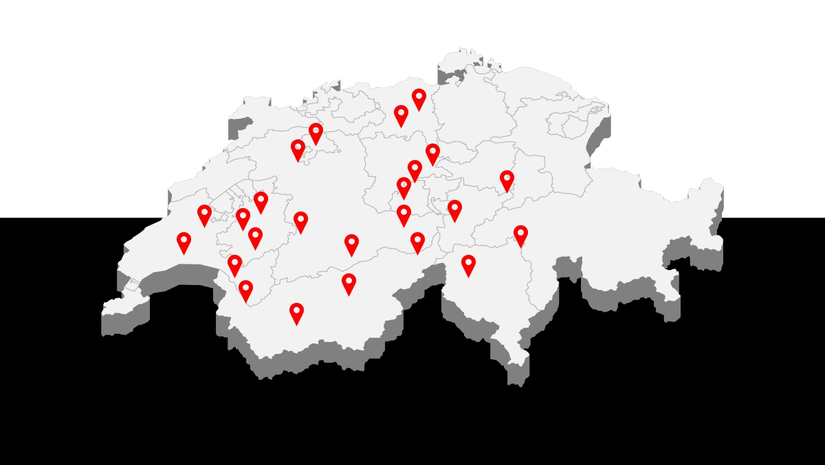 Carte en 3D de la Suisse avec des repères de localisation rouges - Chiche communication