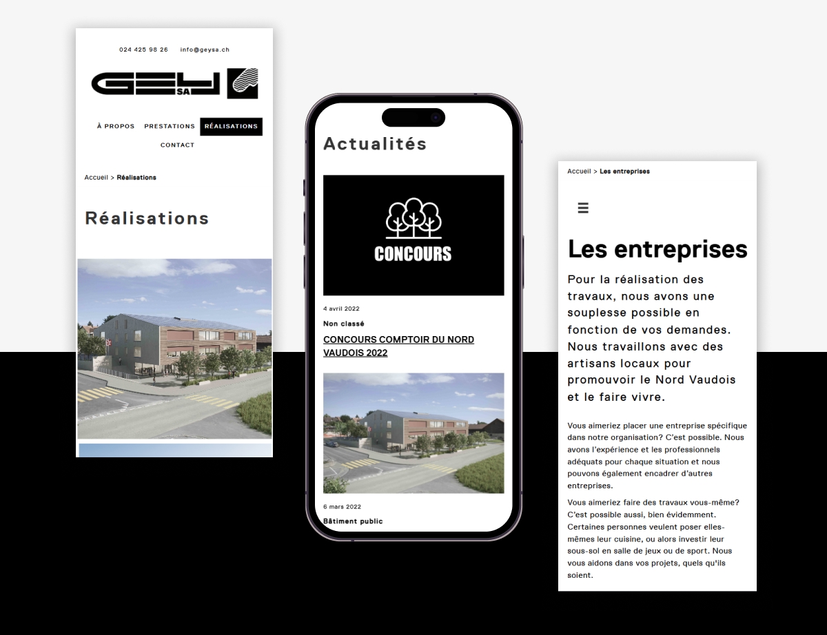 Version mobile du site GEY SA sur smartphone montrant les pages réalisations et entreprises - Chiche communication