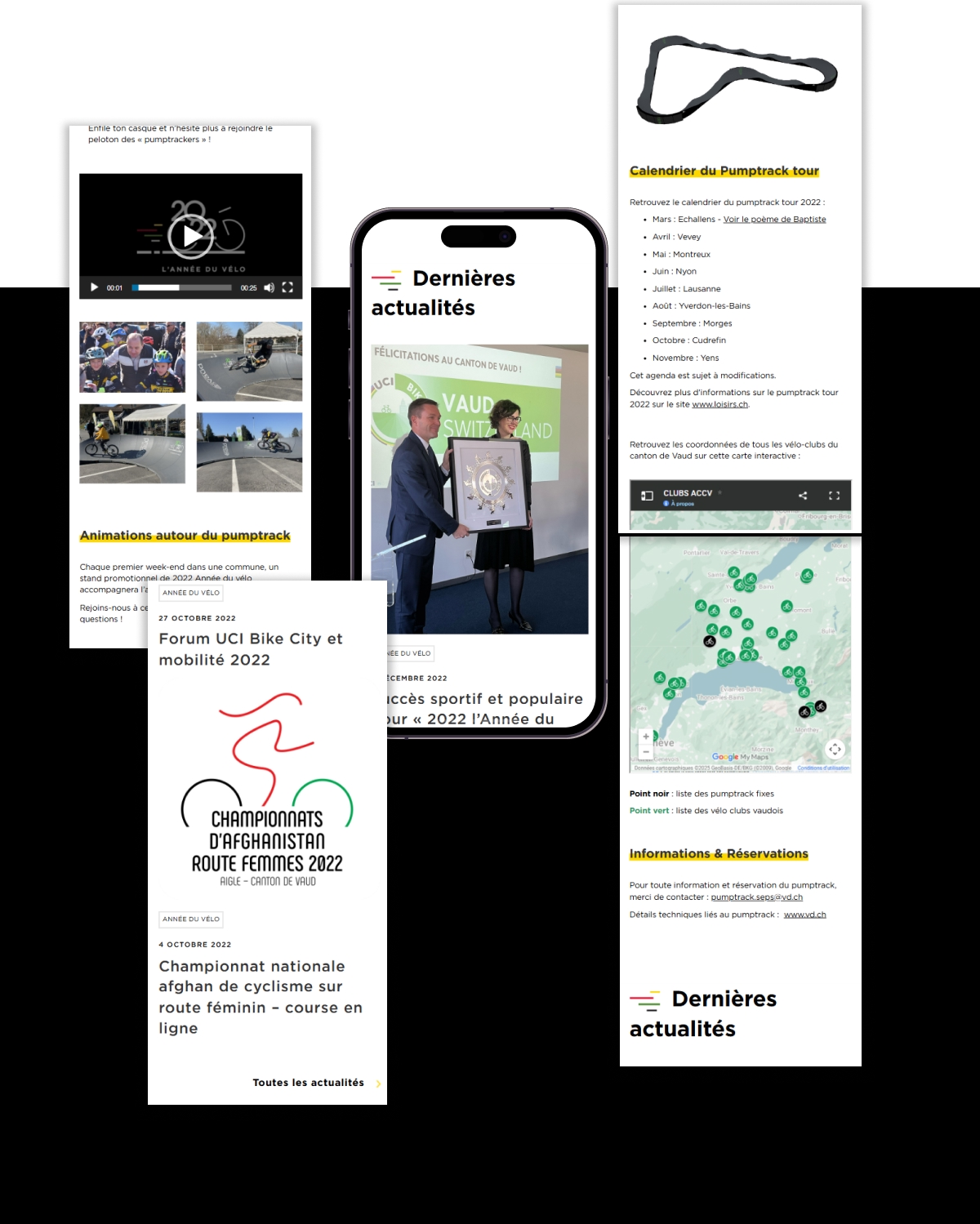 Maquettes mobiles d'une application d'actualités et d'événements cyclistes - Chiche communication