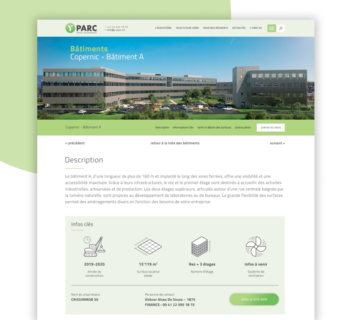 Maquette d'une page web pour Y-PARC avec vue sur un bâtiment et icônes de services - Chiche communication