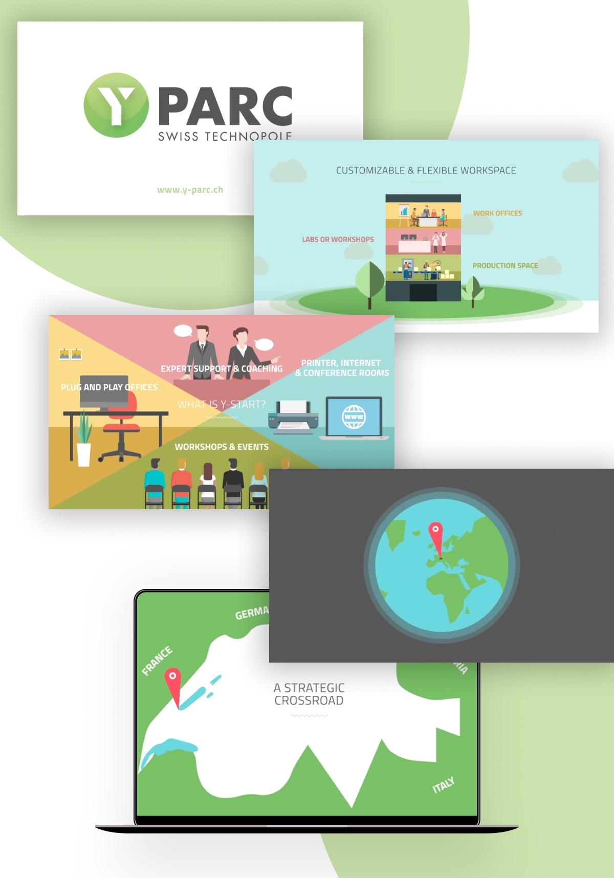 Maquette de présentation globale de l'identité visuelle Y-PARC incluant supports numériques et imprimés - Chiche communication