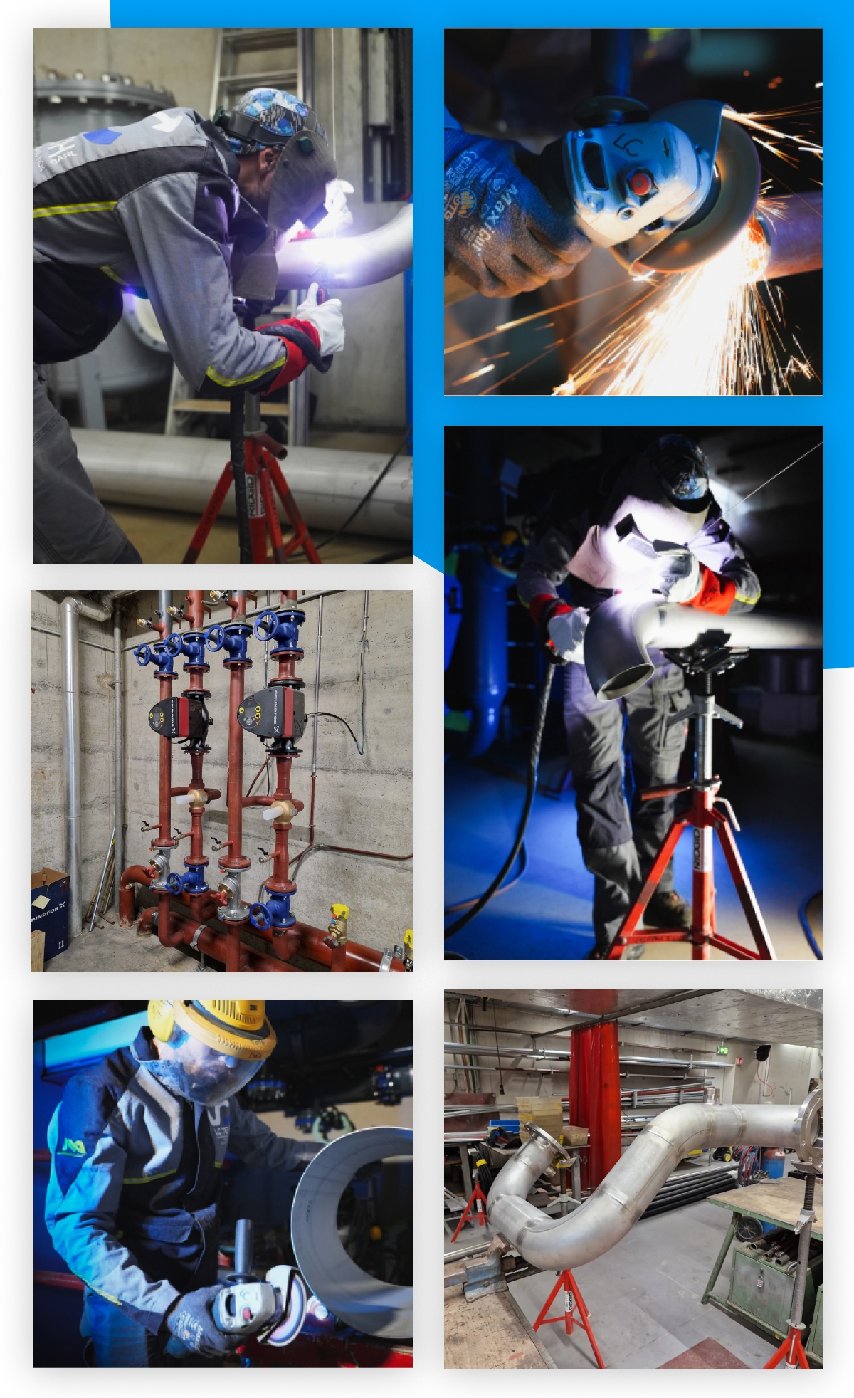 Mosaïque de photos d'artisans en plein travail de soudure, tuyauterie industrielle et meulage. - Chiche communication