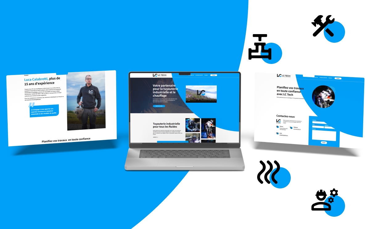 Ordinateur affichant le site web d'une entreprise de plomberie et chauffage avec des icônes de services. - Chiche communication
