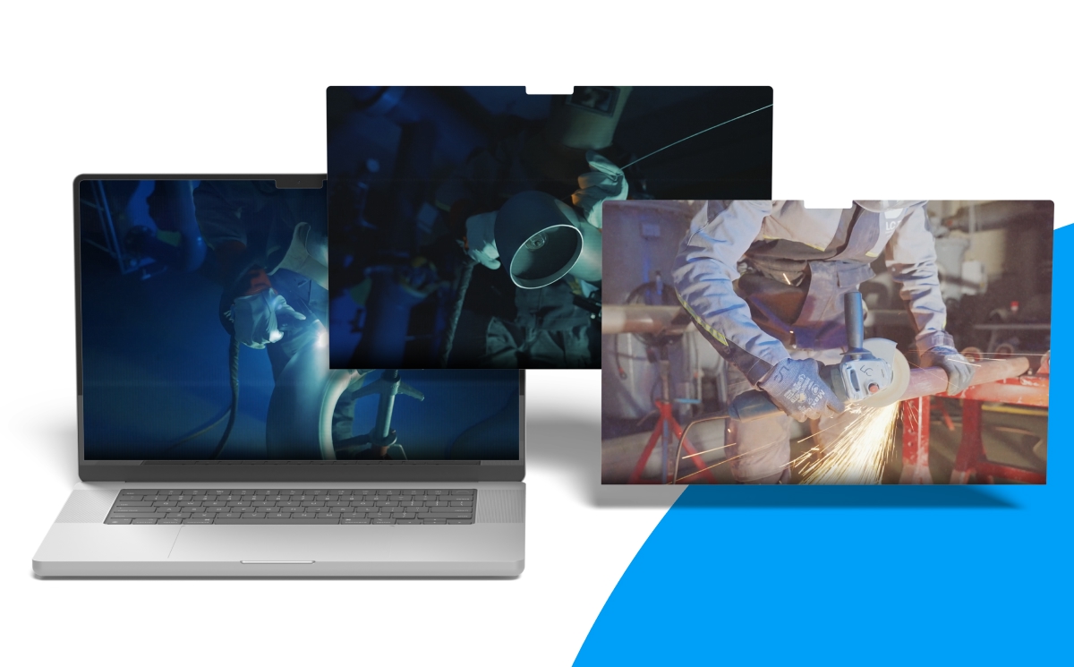 Ordinateur diffusant des vidéos d'artisans réalisant des travaux de soudure et de meulage de métal. - Chiche communicationd