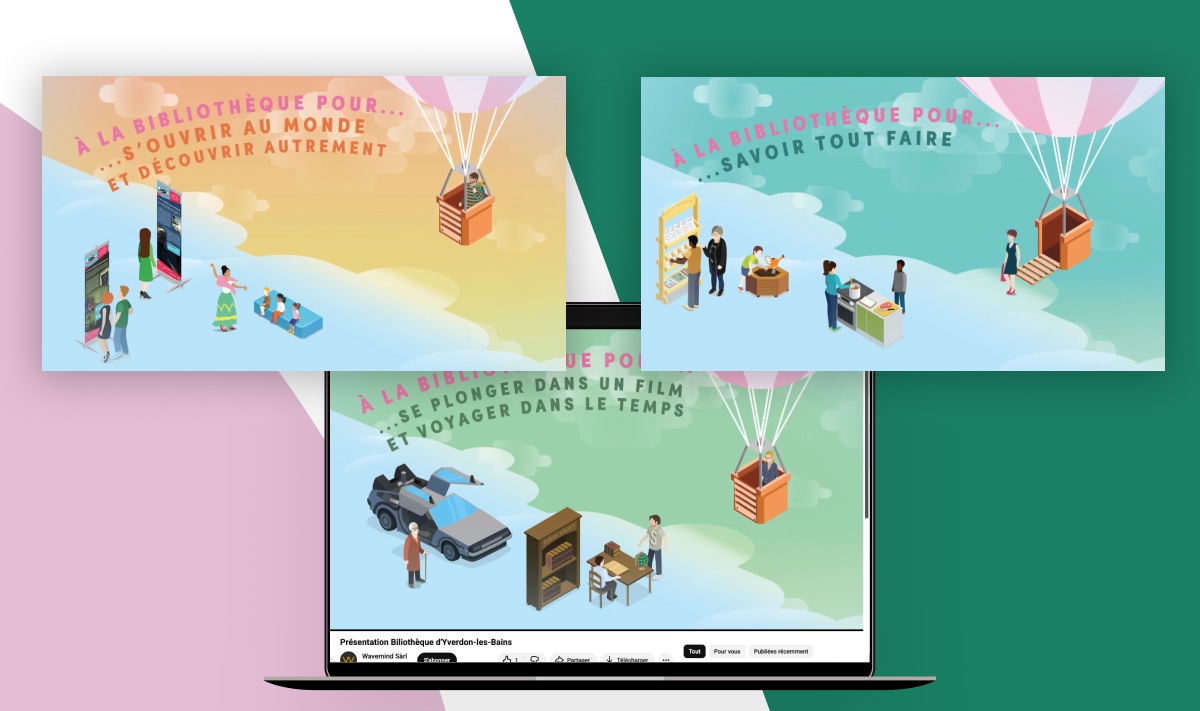 Ordinateur portable et maquettes flottantes avec illustration de montgolfière - Chiche communication