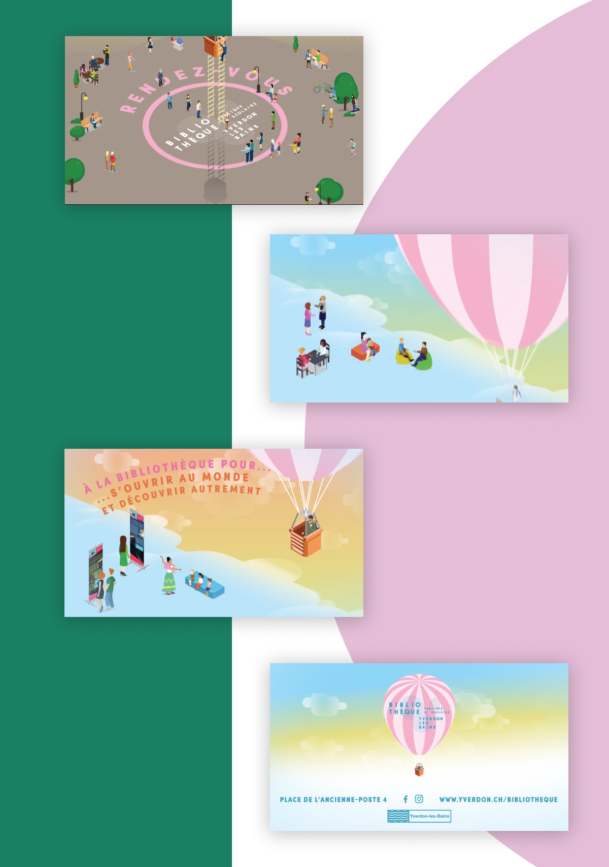 Visuels rectangulaires avec illustrations de montgolfière et scènes animées - Chiche communication