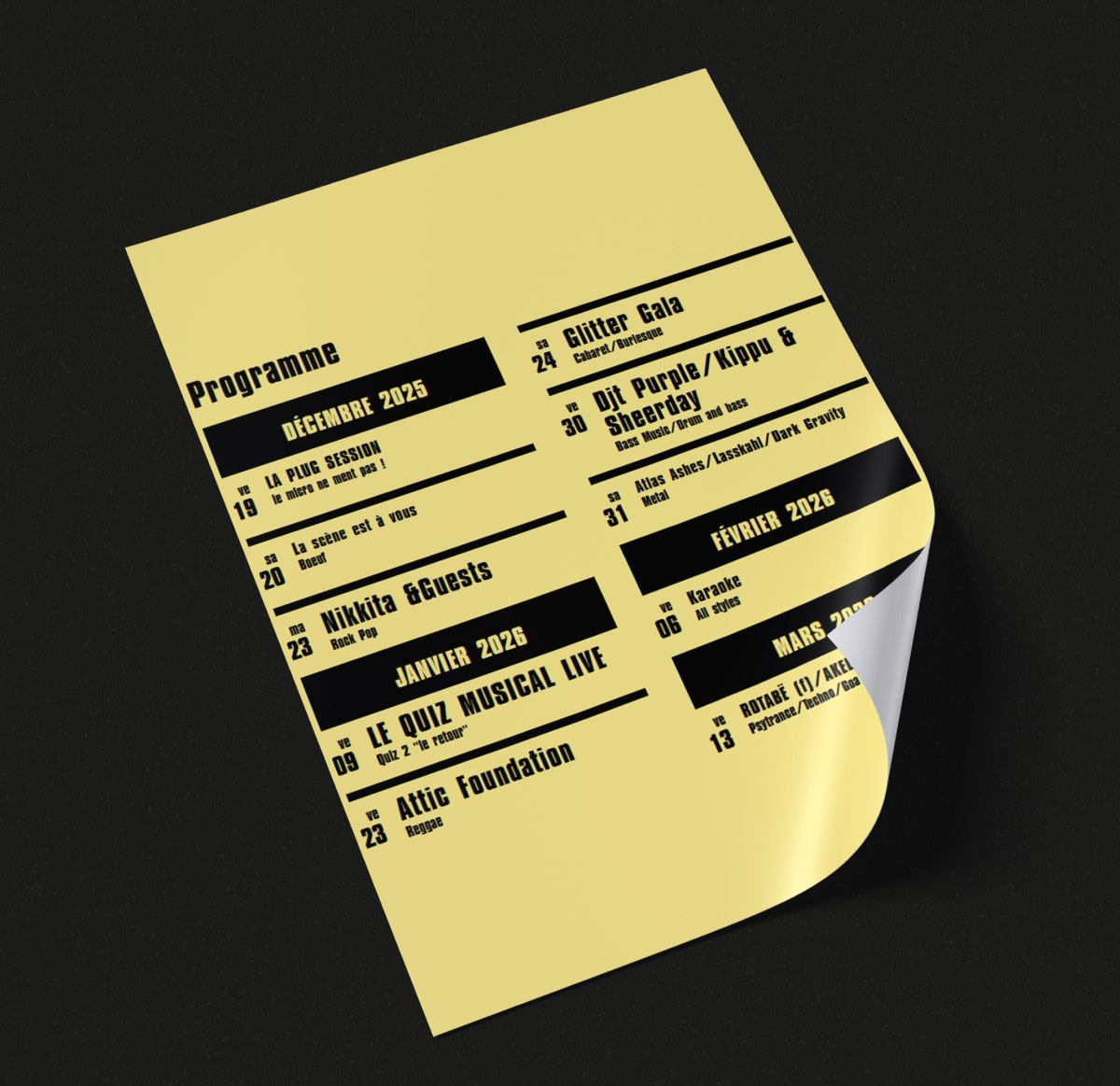Flyer jaune avec le programme du mois du club Citrons Masqués posé sur fond noir - Chiche communication