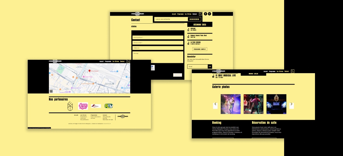 Maquettes de pages du site web Citrons Masqués sur fond jaune et noir - Chiche communication