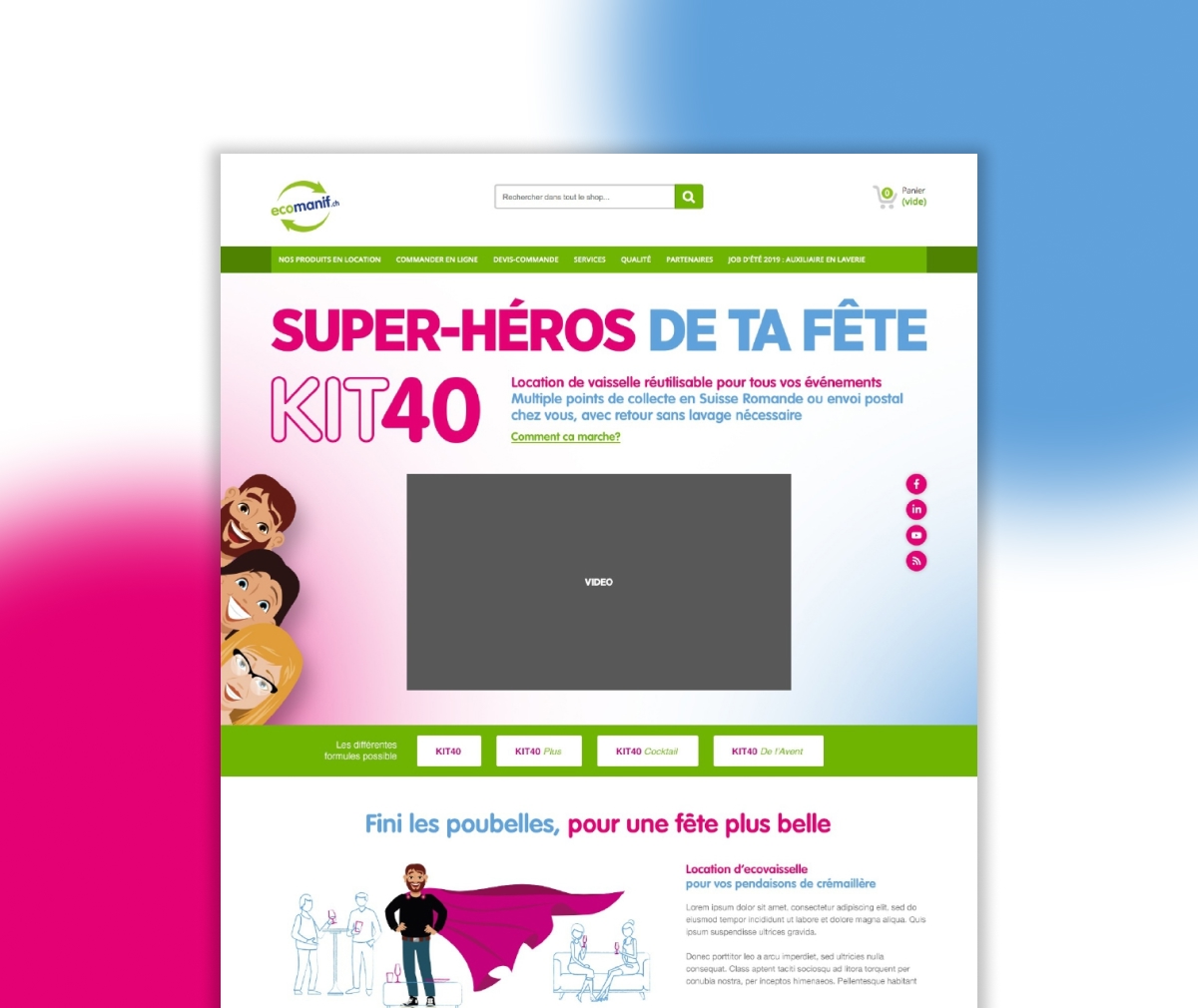 Maquette de page web KIT40 Super-héros de ta fête avec espace vidéo - Chiche communication