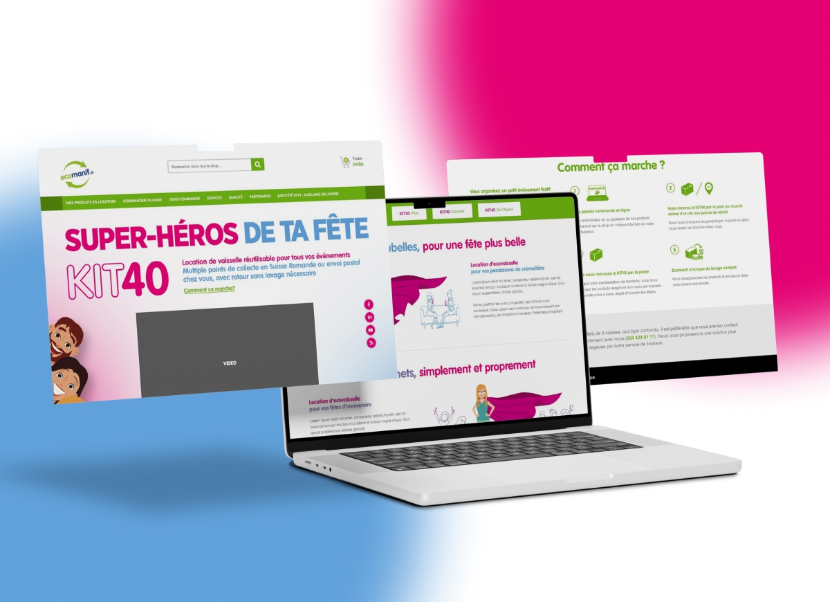 Ordinateur portable et maquettes web flottantes du site KIT40 - Chiche communication