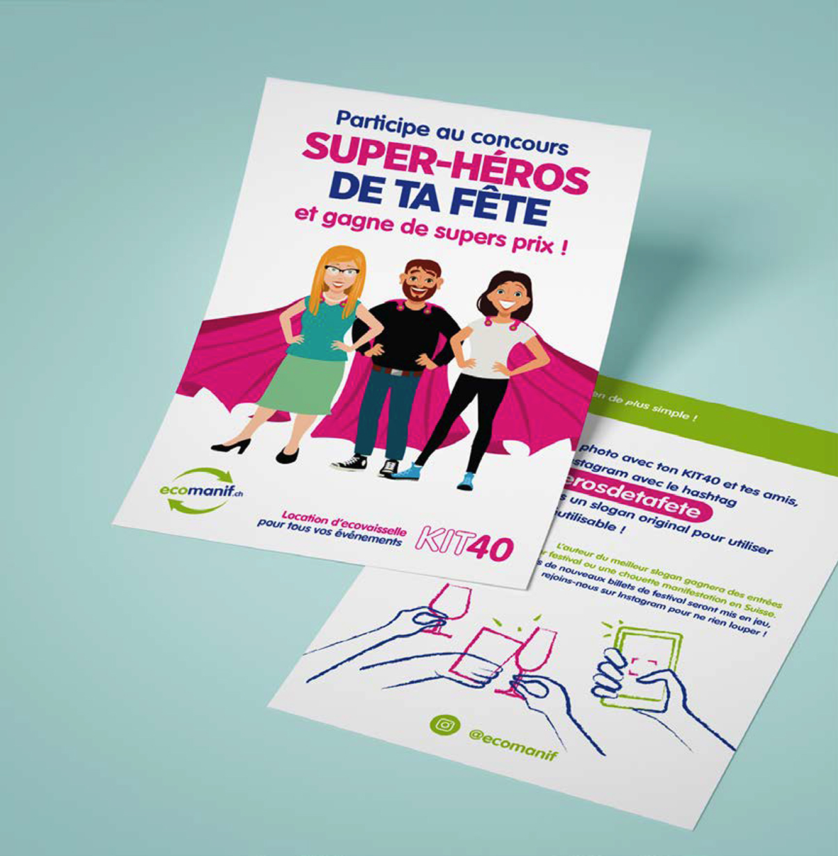 Flyers "Super-héros de ta fête" KIT40 avec illustrations de personnes en cape - Chiche communication