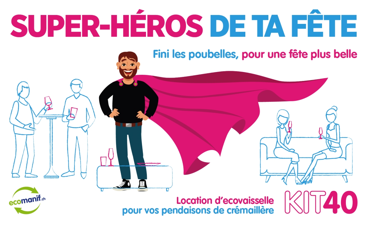 Affiche publicitaire KIT40 "Super-héros de ta fête" avec un homme en cape rose - Chiche communication