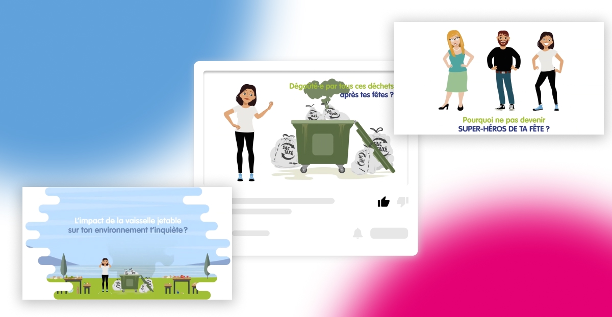 Visuels d'animation KIT40 avec personnages illustrés et tri des déchets - Chiche communication