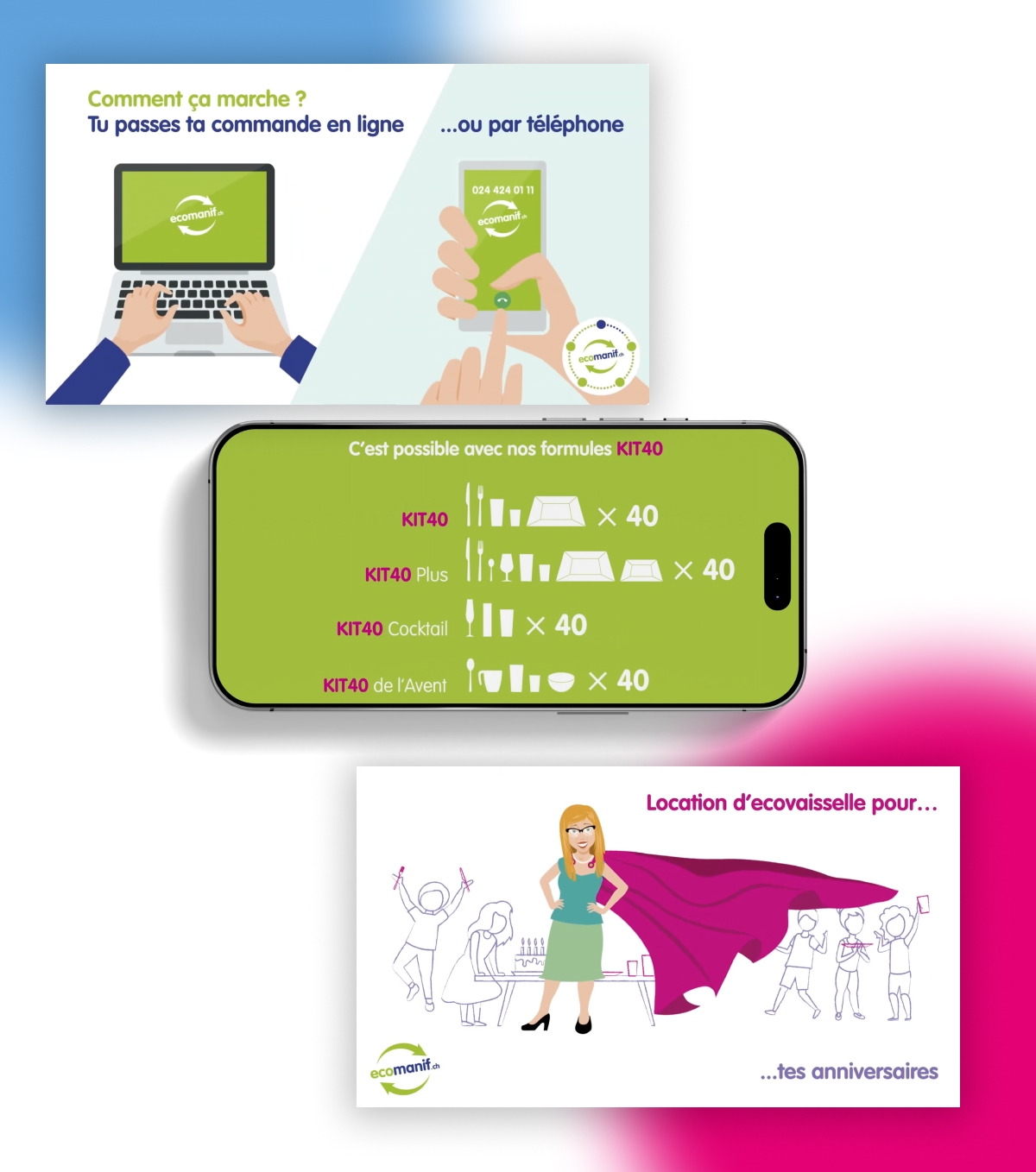 Maquette mobile verte KIT40 et visuels explicatifs avec super-héroïne - Chiche communication