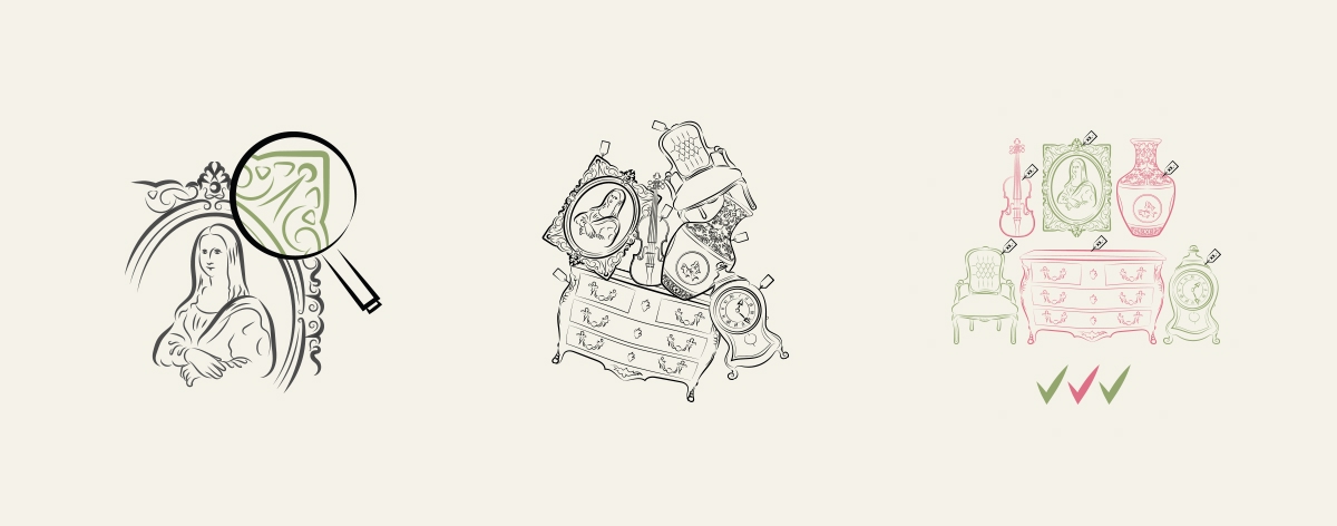 Trois icônes en croquis : une loupe sur une plante, une main avec une boussole, et un bureau avec des tâches cochées - Chiche communication