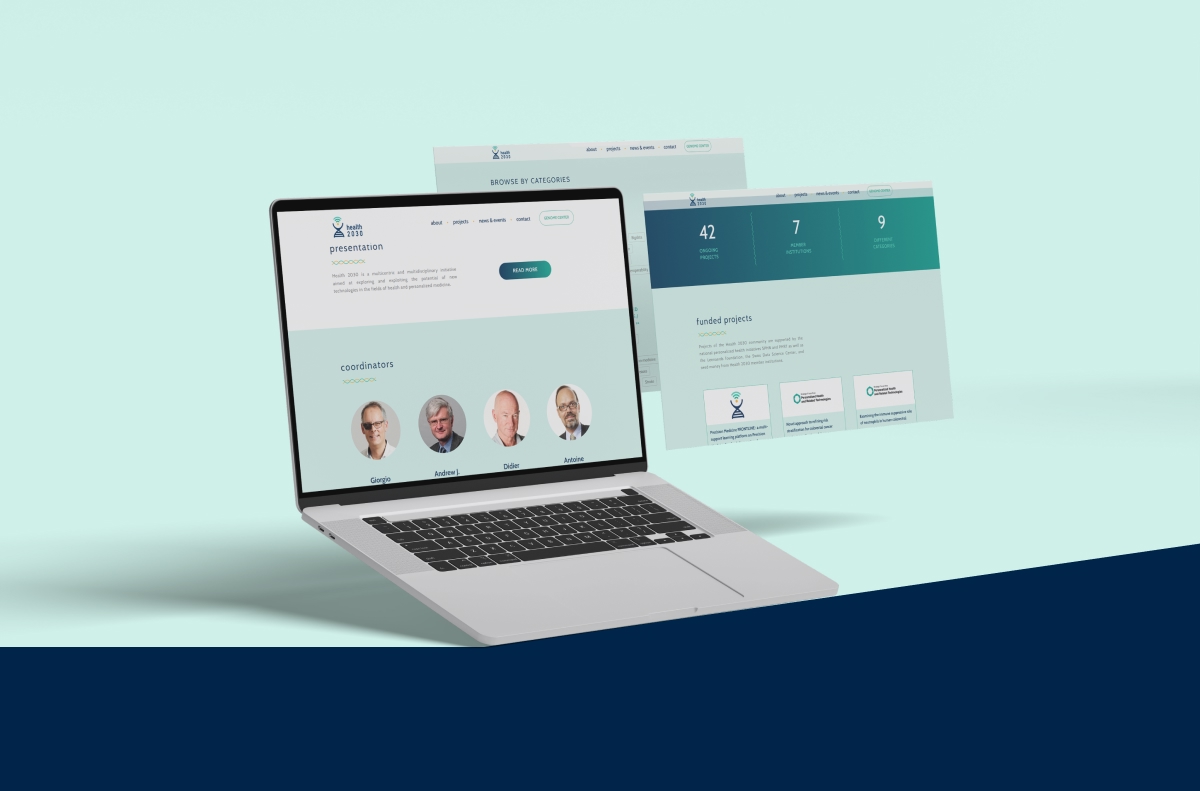 Maquette de site web Health 2030 Genome Center sur ordinateur portable - Chiche communication