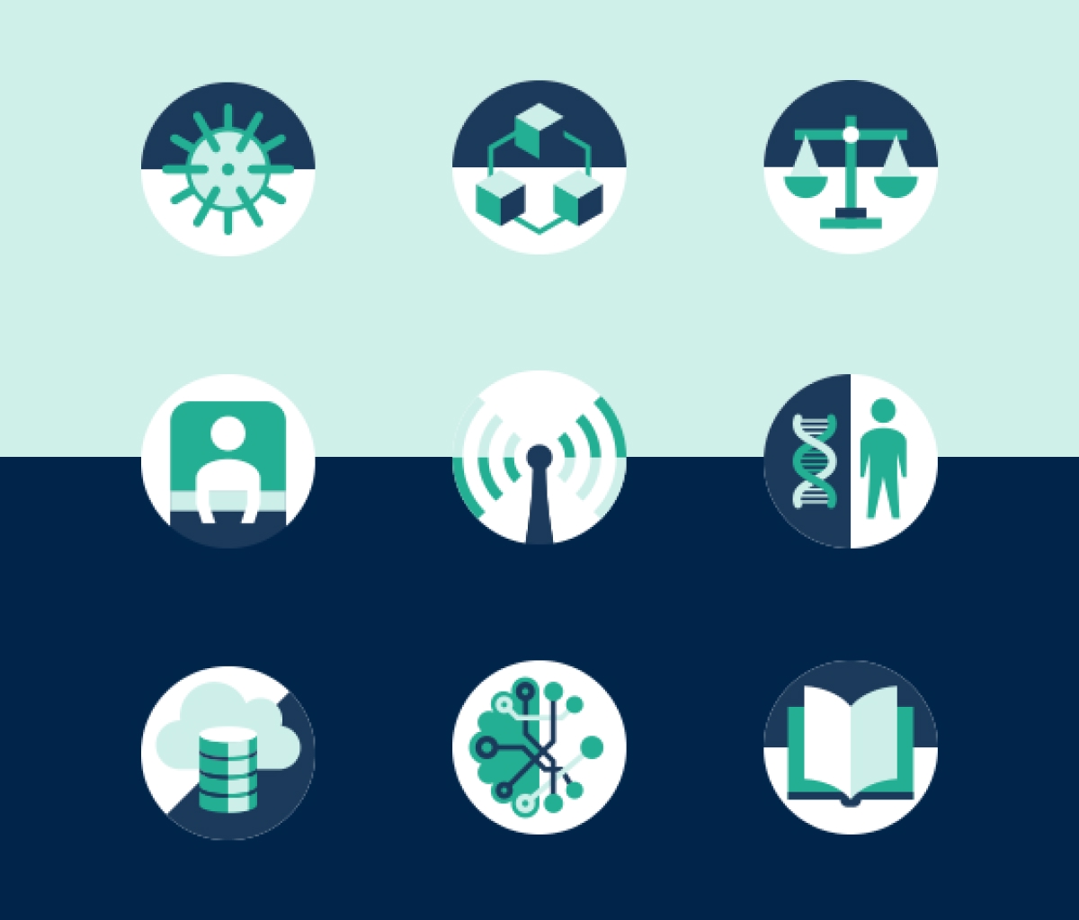 Grille de 12 icônes pictogrammes sur la santé, la data et la génétique - Chiche communication