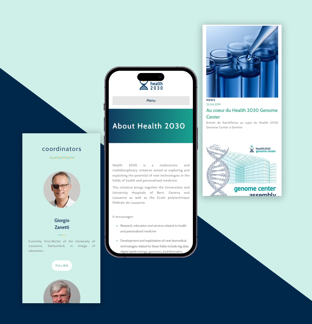 Interface mobile du centre Health 2030 sur smartphone et fiches d'information - Chiche communication