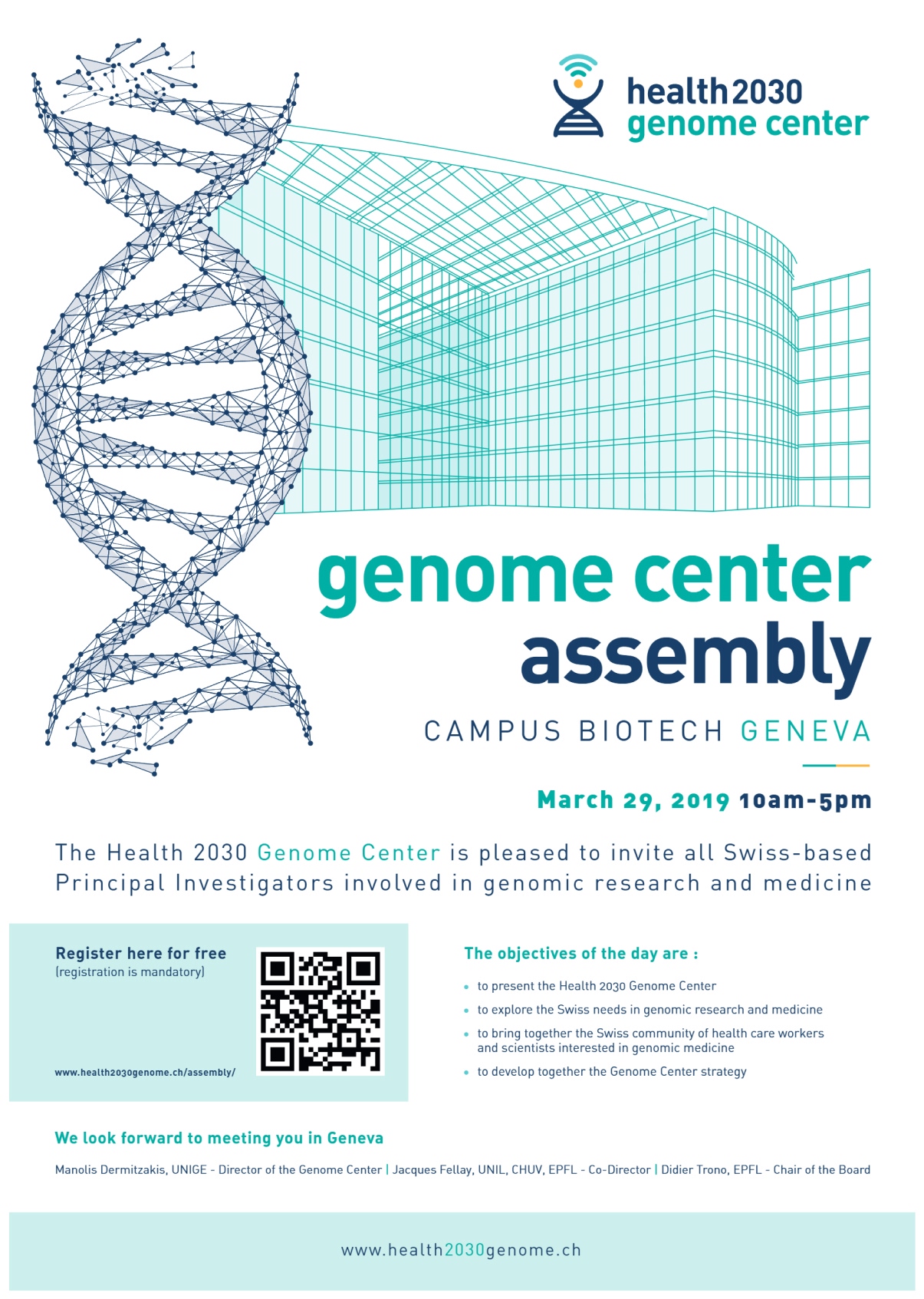 Affiche pour le Genome Center Assembly avec une hélice d'ADN stylisée - Chiche communication