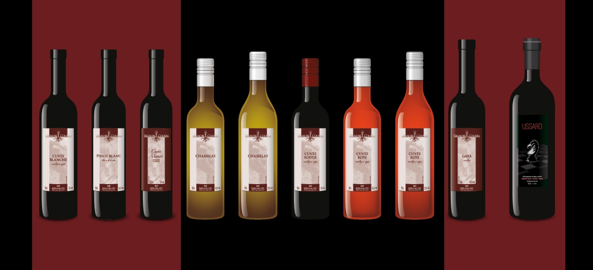 Gamme de bouteilles de vin du Domaine Cousin présentée sur fond noir et bordeaux - Chiche communication