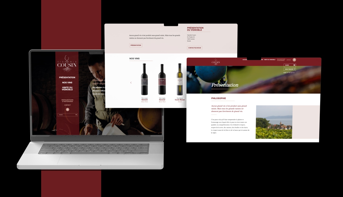 Présentation responsive du site Domaine Cousin sur ordinateur portable avec fenêtres flottantes - Chiche communication