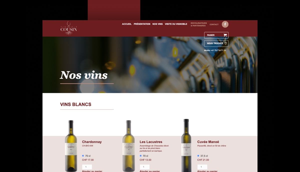 Maquette de la page "Nos vins" du site Domaine Cousin avec sélection de vins blancs - Chiche communication