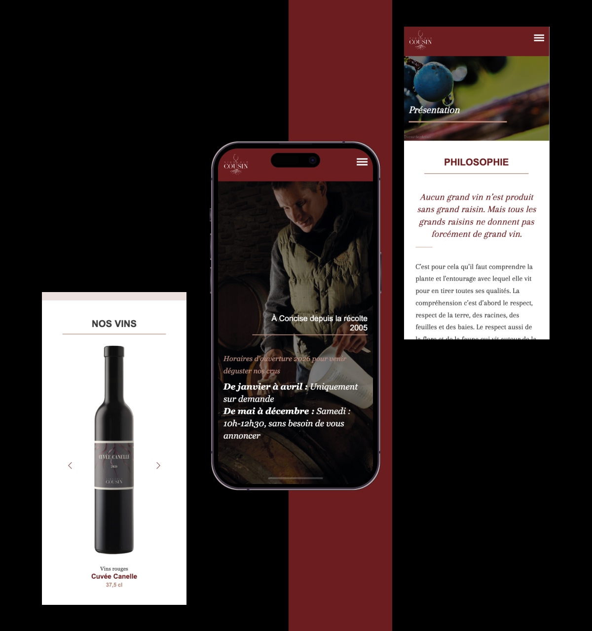 Version mobile du site Domaine Cousin sur smartphone avec fiches produits et philosophie - Chiche communication