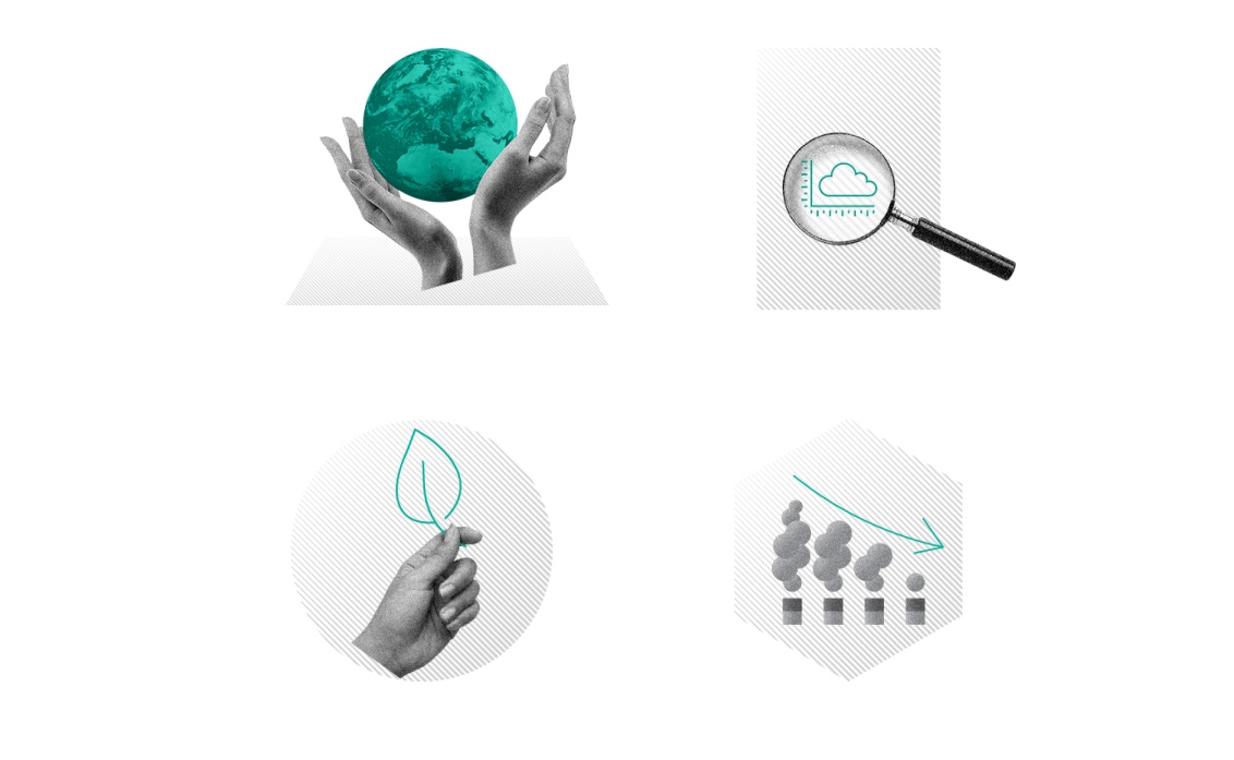 Série de quatre illustrations symboliques représentant l'engagement écologique et l'expertise analytique de ZenCO2 — Chiche communication