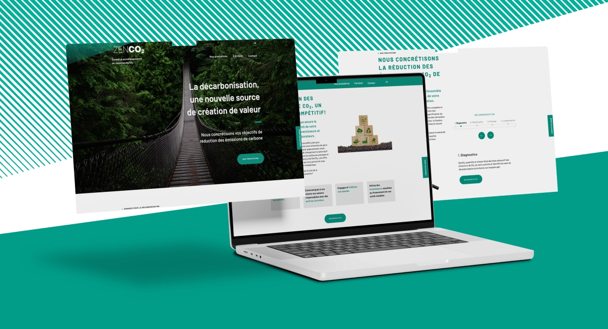 Présentation responsive du site ZenCO2 sur ordinateur portable avec plusieurs fenêtres de navigation en cascade — Chiche communication