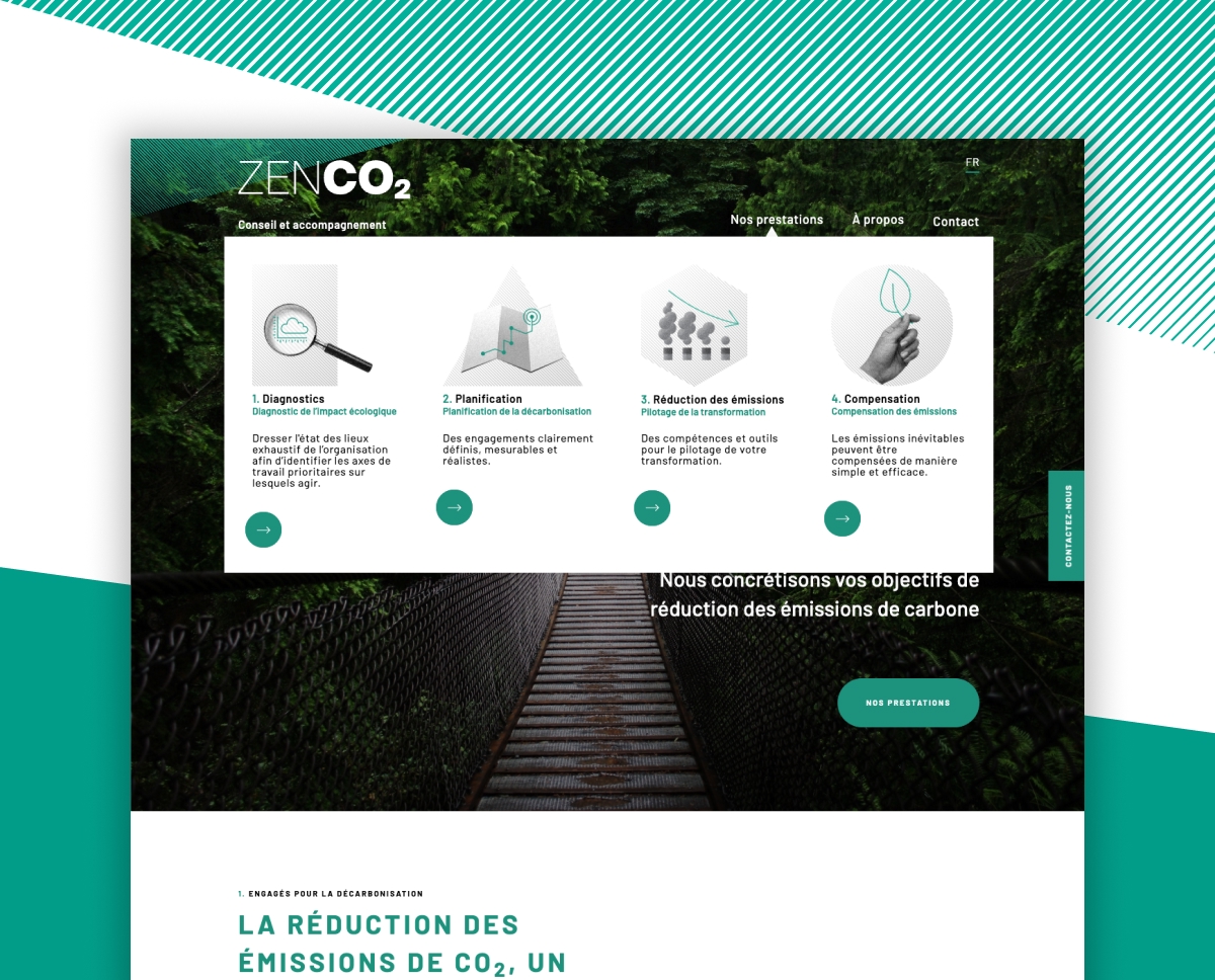 Maquette de la page d'accueil du site ZenCO2 mettant en avant la réduction des émissions avec un visuel de forêt — Chiche communication