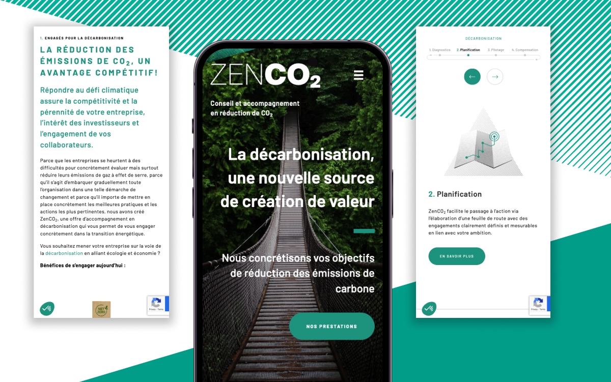 Version mobile du site ZenCO2 affichée sur smartphone avec un focus sur la décarbonation — Chiche communication