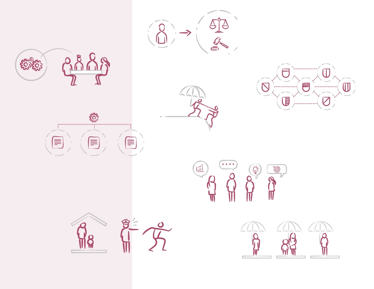 Illustrations schématiques et pictogrammes bordeaux sur la protection, la loi et le soutien social - Chiche communication
