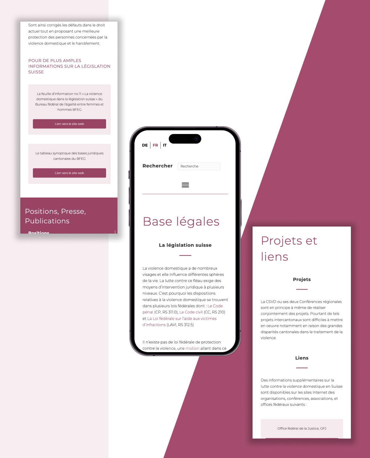 Version mobile du site CSVD présentant les bases légales et les projets liés à la violence domestique - Chiche communication