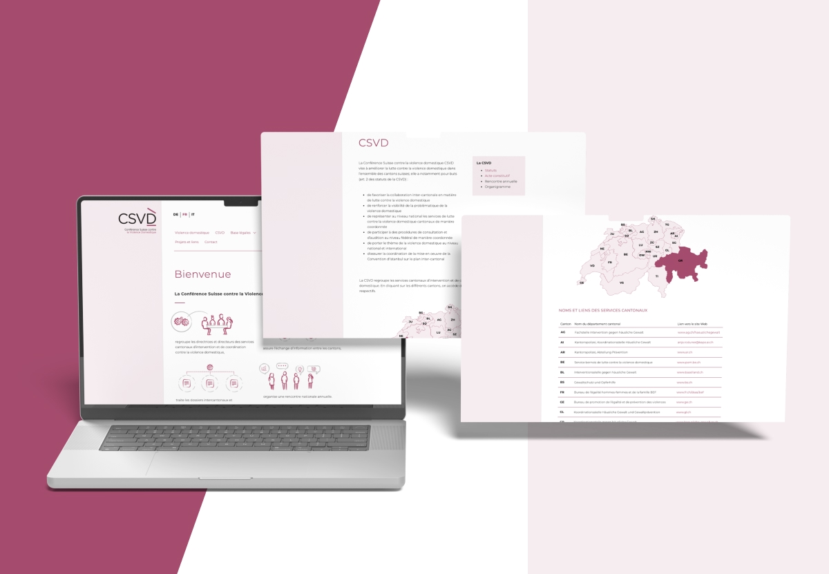 Maquette ordinateur du site CSVD montrant la page de bienvenue et une carte de la Suisse - Chiche communication