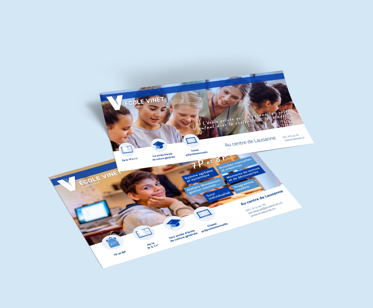 Dépliants promotionnels flottants de l'École Vinet avec photos d'élèves - Chiche communication
