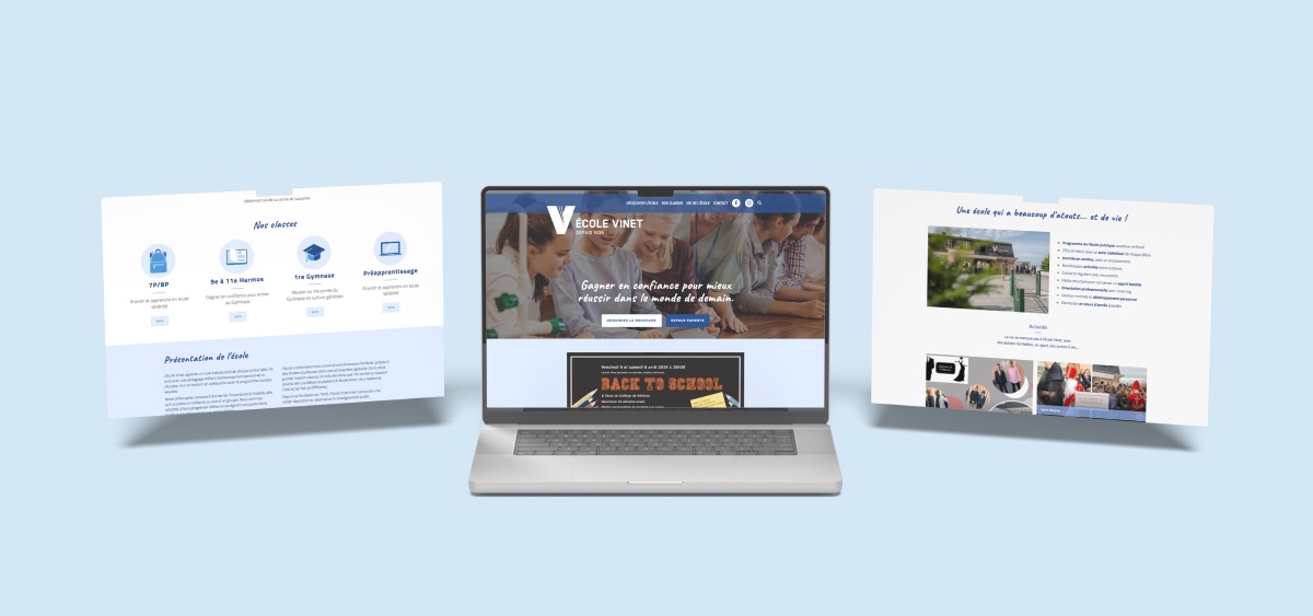 Ordinateur portable affichant des maquettes du site web de l'École Vinet - Chiche communication