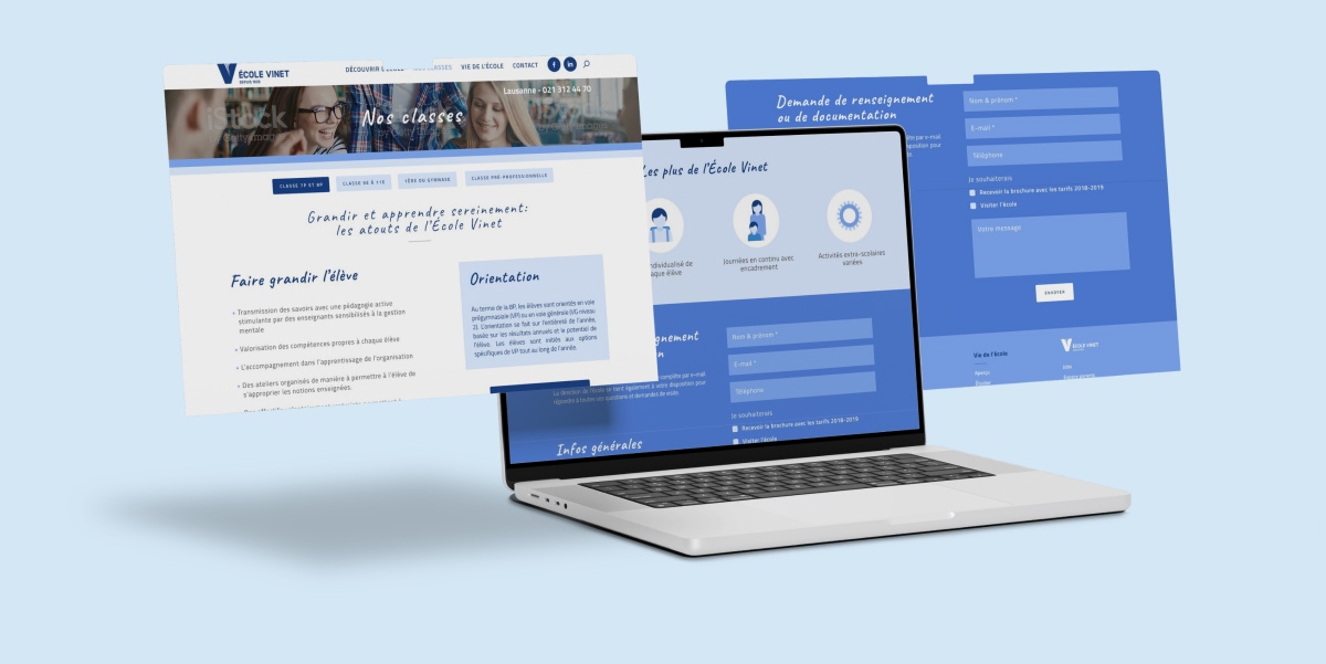 Ordinateur portable et maquettes flottantes bleues du site de l'École Vinet - Chiche communication