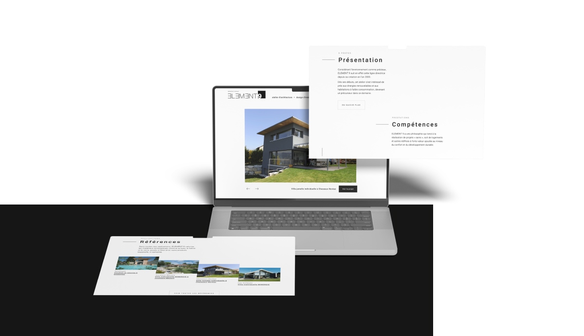 Ordinateur portable et maquettes web flottantes du site d'architecture Éléments - Chiche communication